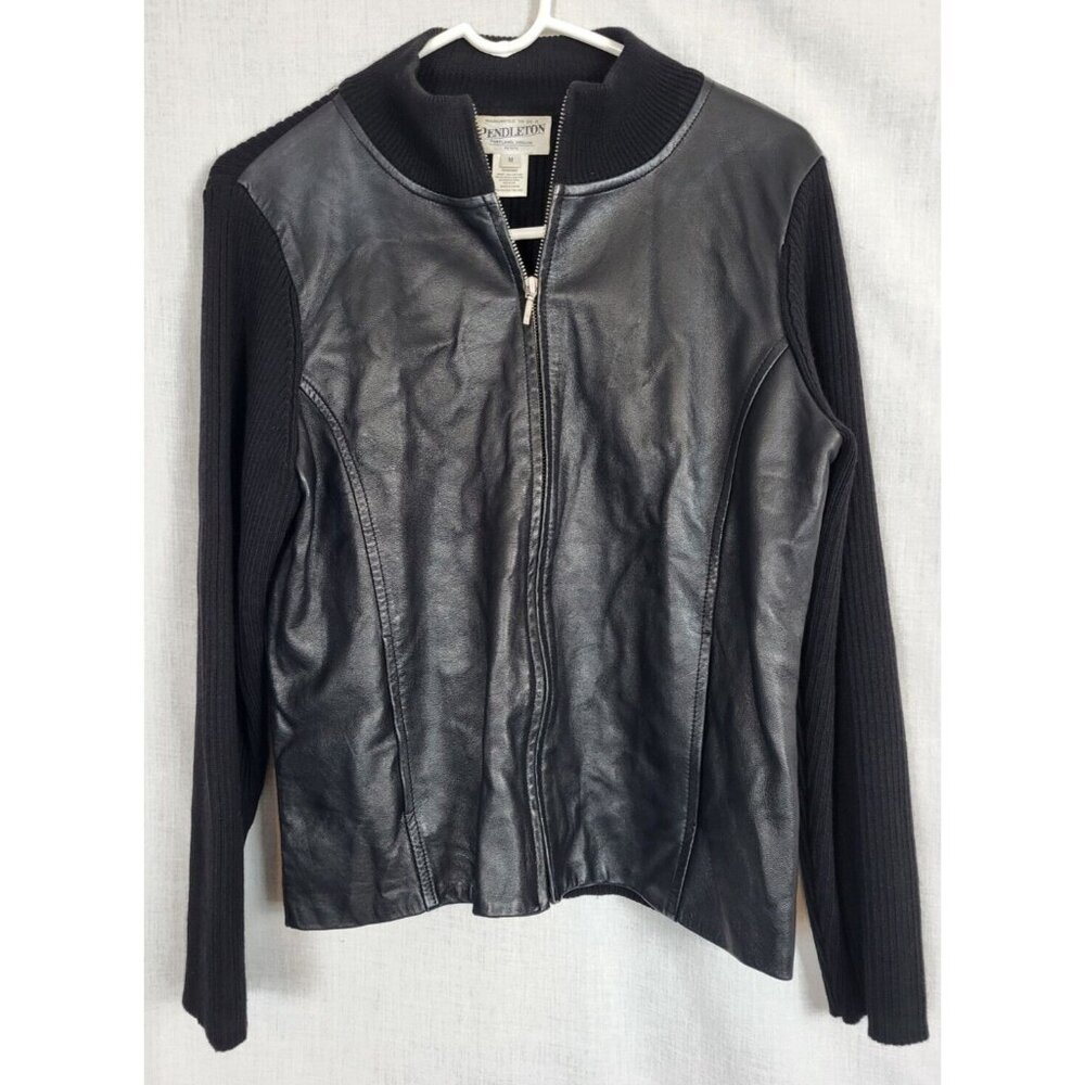 PENDLETON Jacket Womens Petite M black leather full zip sweater knit sleeves